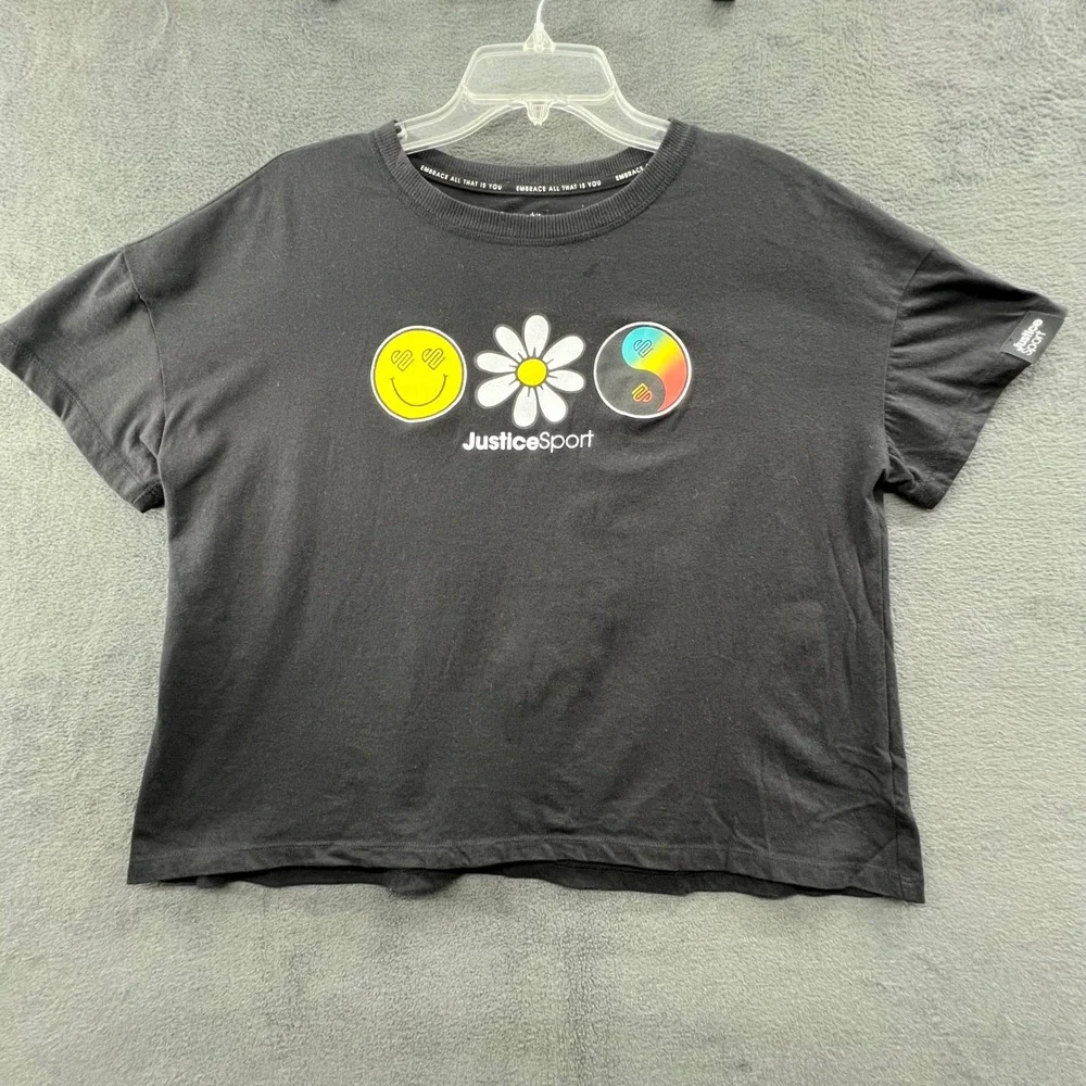 Justice Sport‎ Girls Black Smiley Graphic T-Shirt Top Tee Size XL Plus